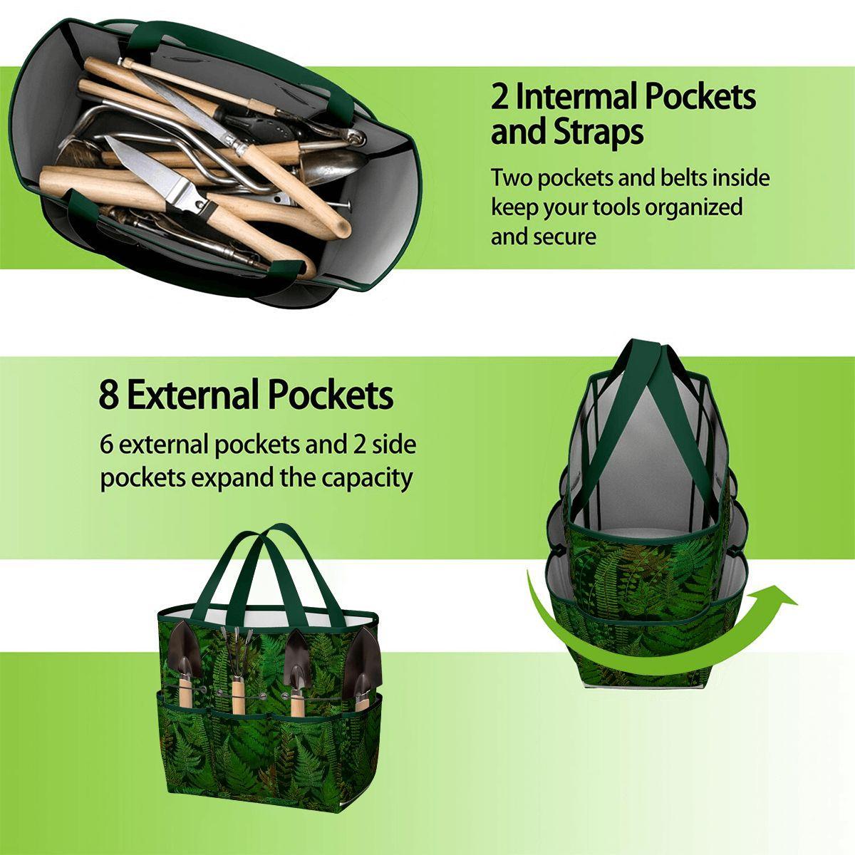Dark Green Fern Forest Garden Tote – Gardening Tool Organizer Bag With Pockets