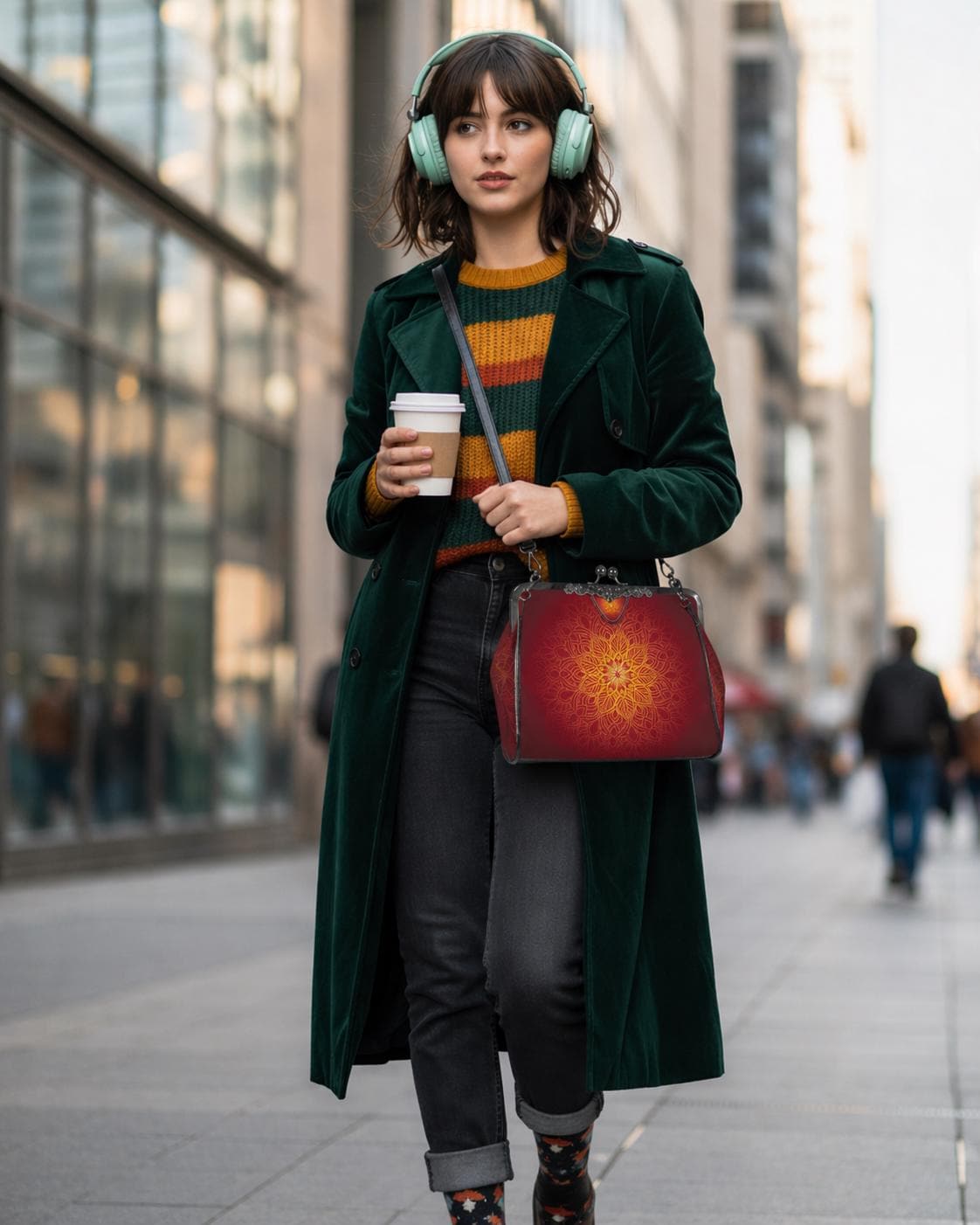 Black Red Orange Mandala Kisslock Handbag –  Meditation Asian Style Crossbody Bag
