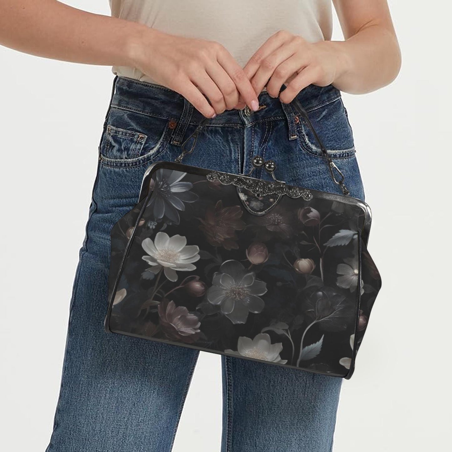 Dark Academia Floral Gothic Handbag - Fairycore Kisslock Crossbody Shoulder Bag
