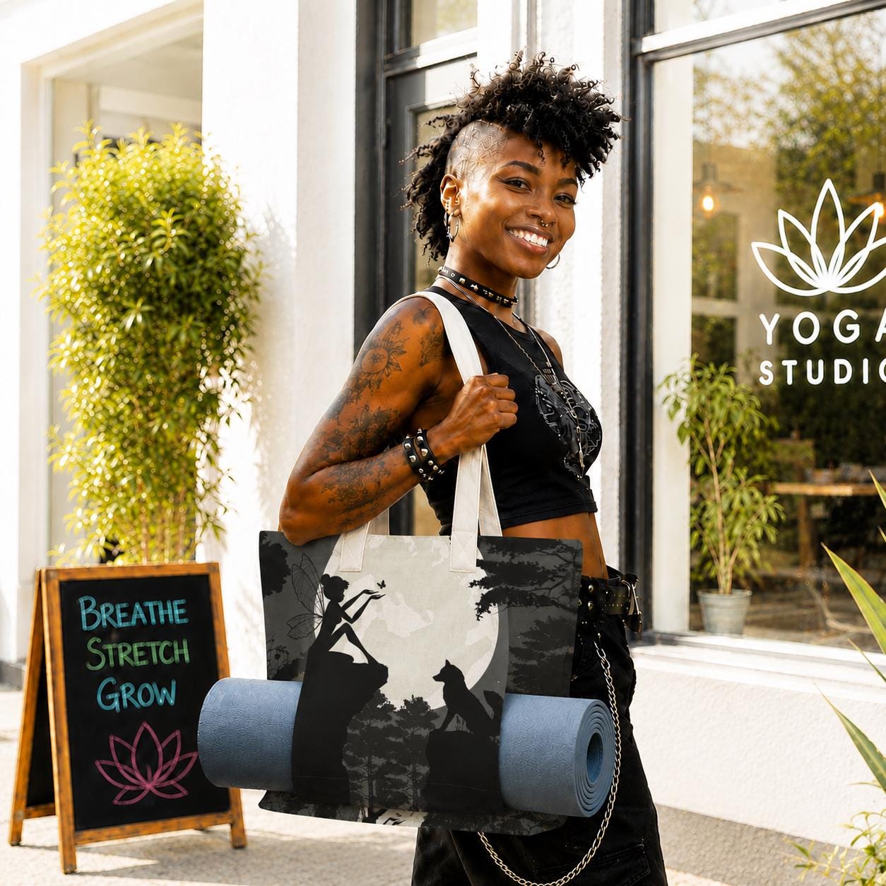 Fairy Forest Wolf Yoga Tote Bag with Mat Holder – Black White Silhouette Fairycore