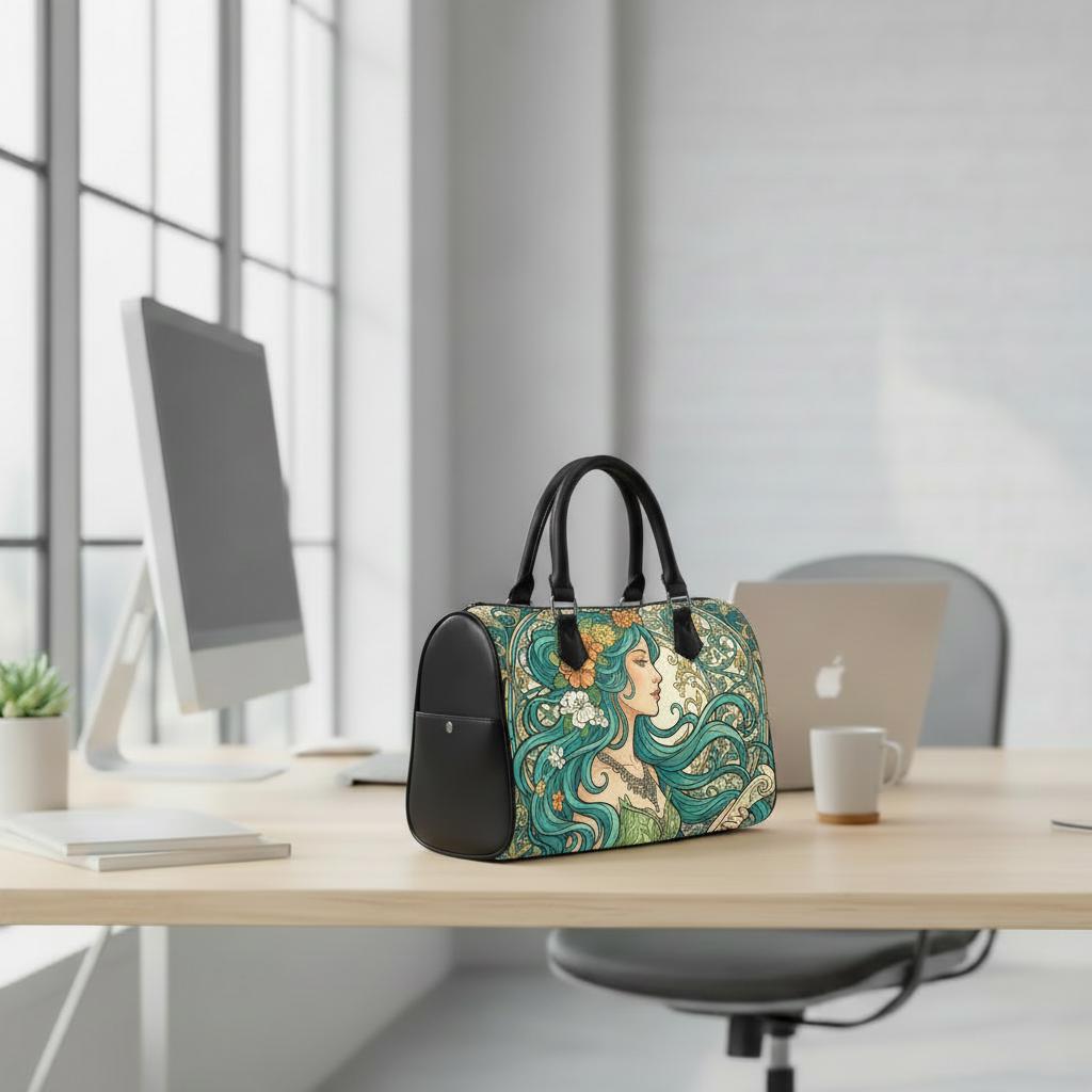Art Nouveau Barrel Type Handbag – Green Black Romantic Bag