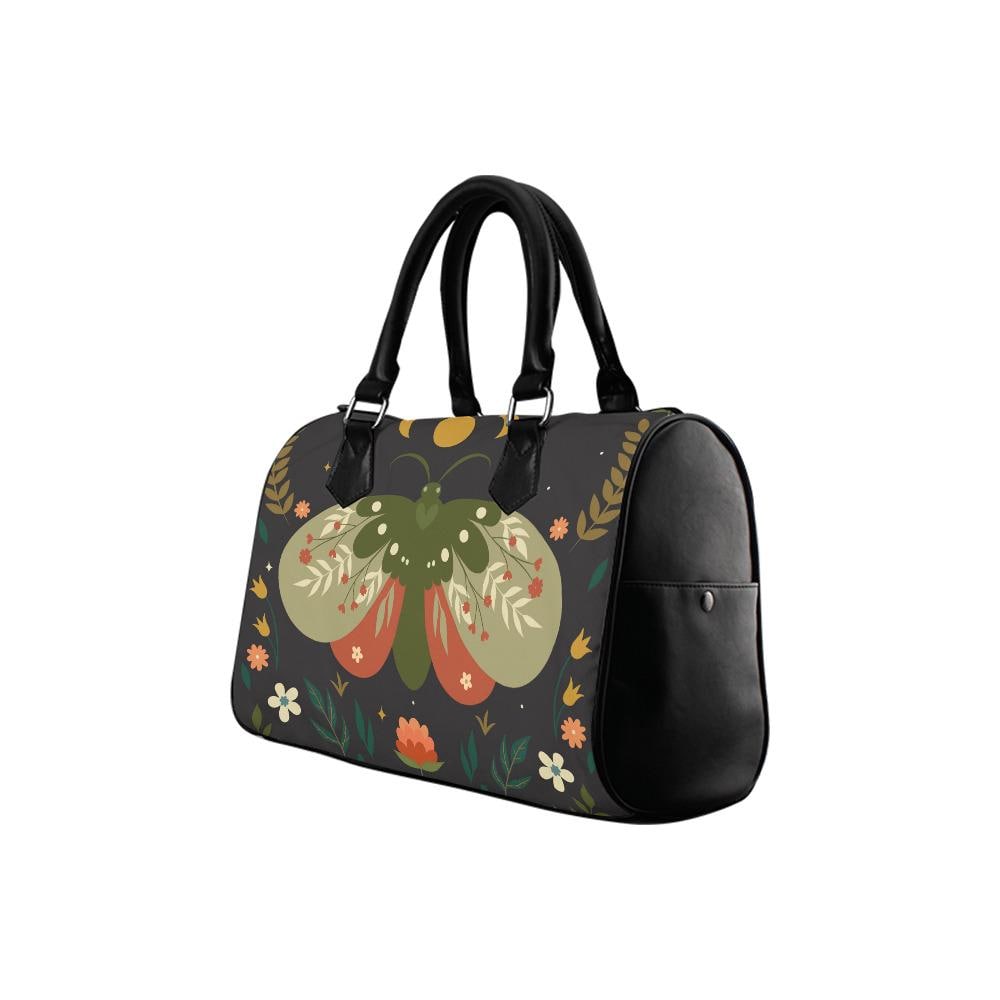 Dark Academia Moth Barrel Handbag – Black Green Orange Everyda Bag