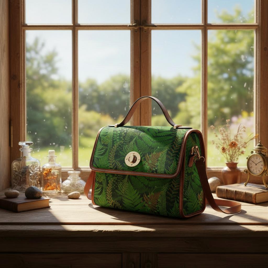 Green Fern Forest Canvas Crossbody Bag – Botanical Dark Academia Handbag