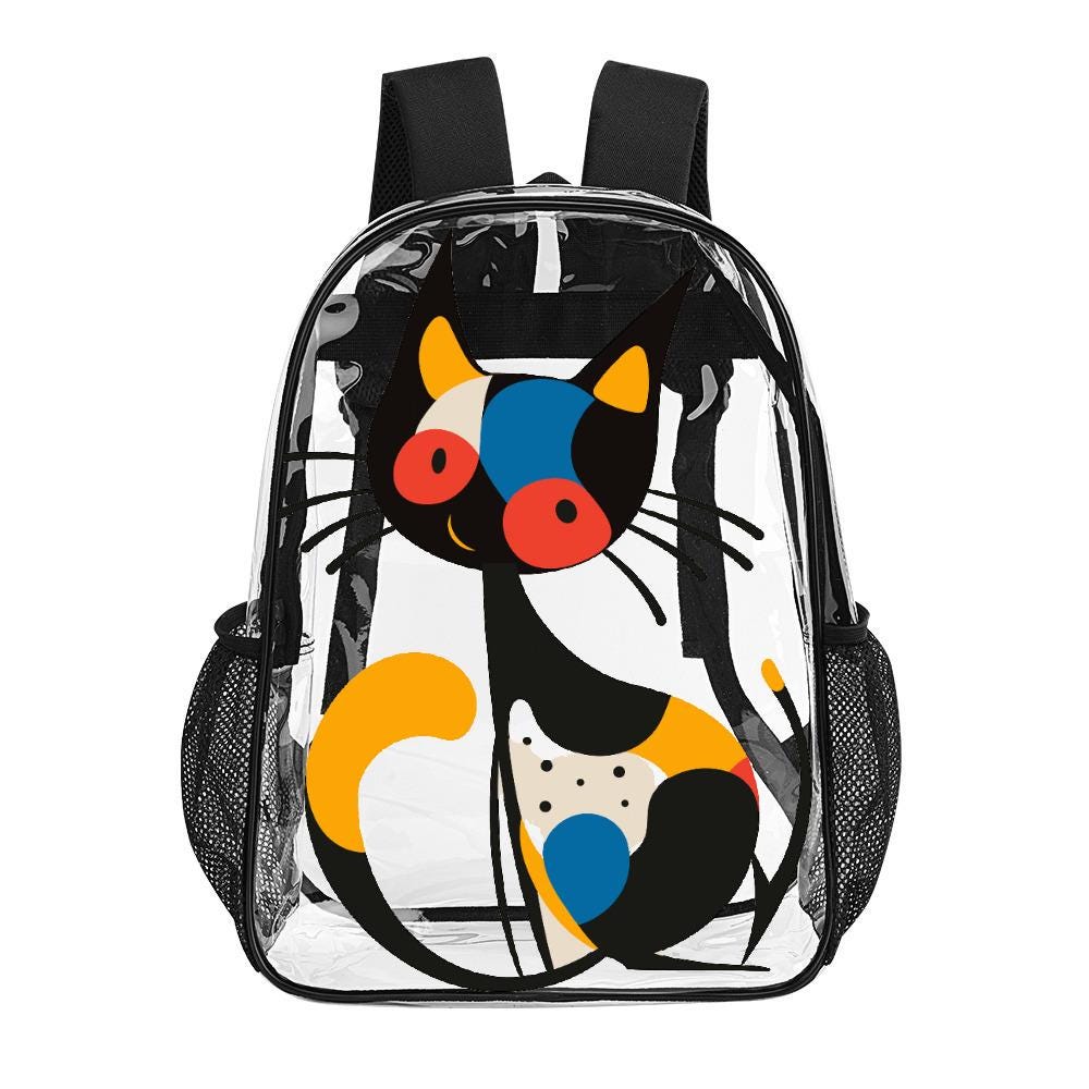 Transparent PVC Backpack with Abstract Cat Print, 17 Inch with Side Pockets