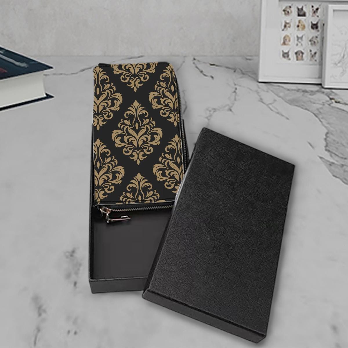 Elegant Black Gold Arabesque Clutch Wallet – Elegant Baroque Purse with Handle