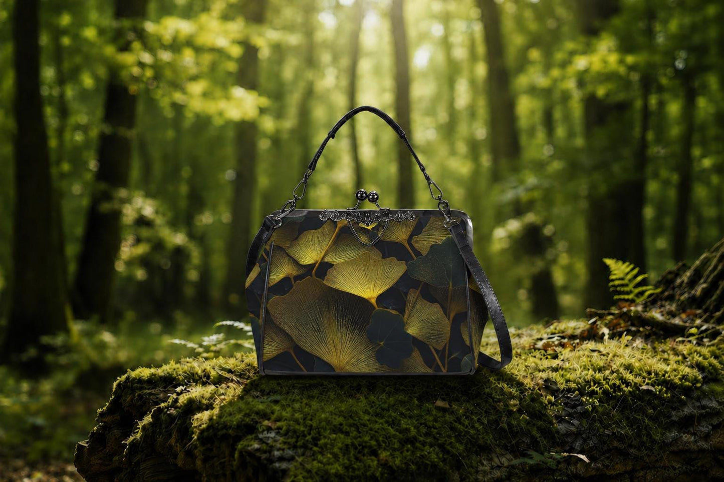 Black Gold Ginkgo Leaves Kisslock Handbag - Botanical Crossbody Shoulder Bag