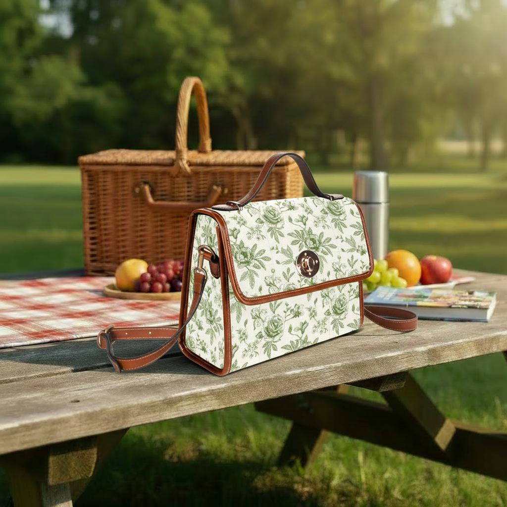 Toile de Jouy Canvas Crossbody Bag – Vintage Eggshell Green Floral Handbag
