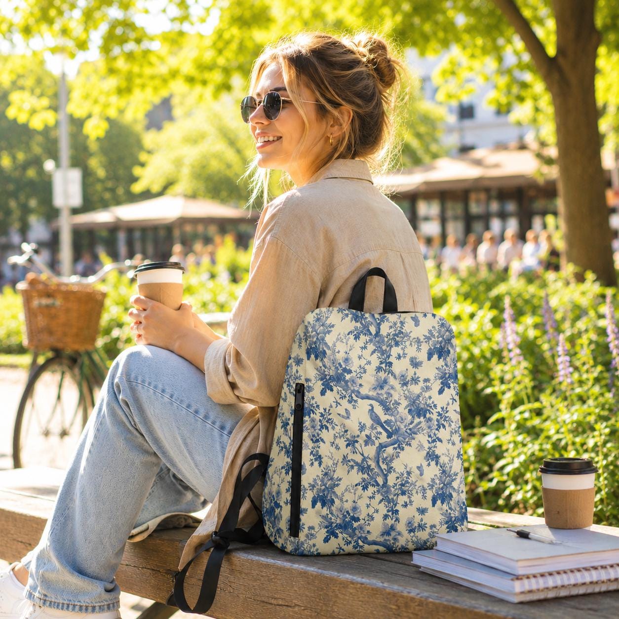 Toile de Jouy Canvas Backpack – Blue White French Vintage Daypack