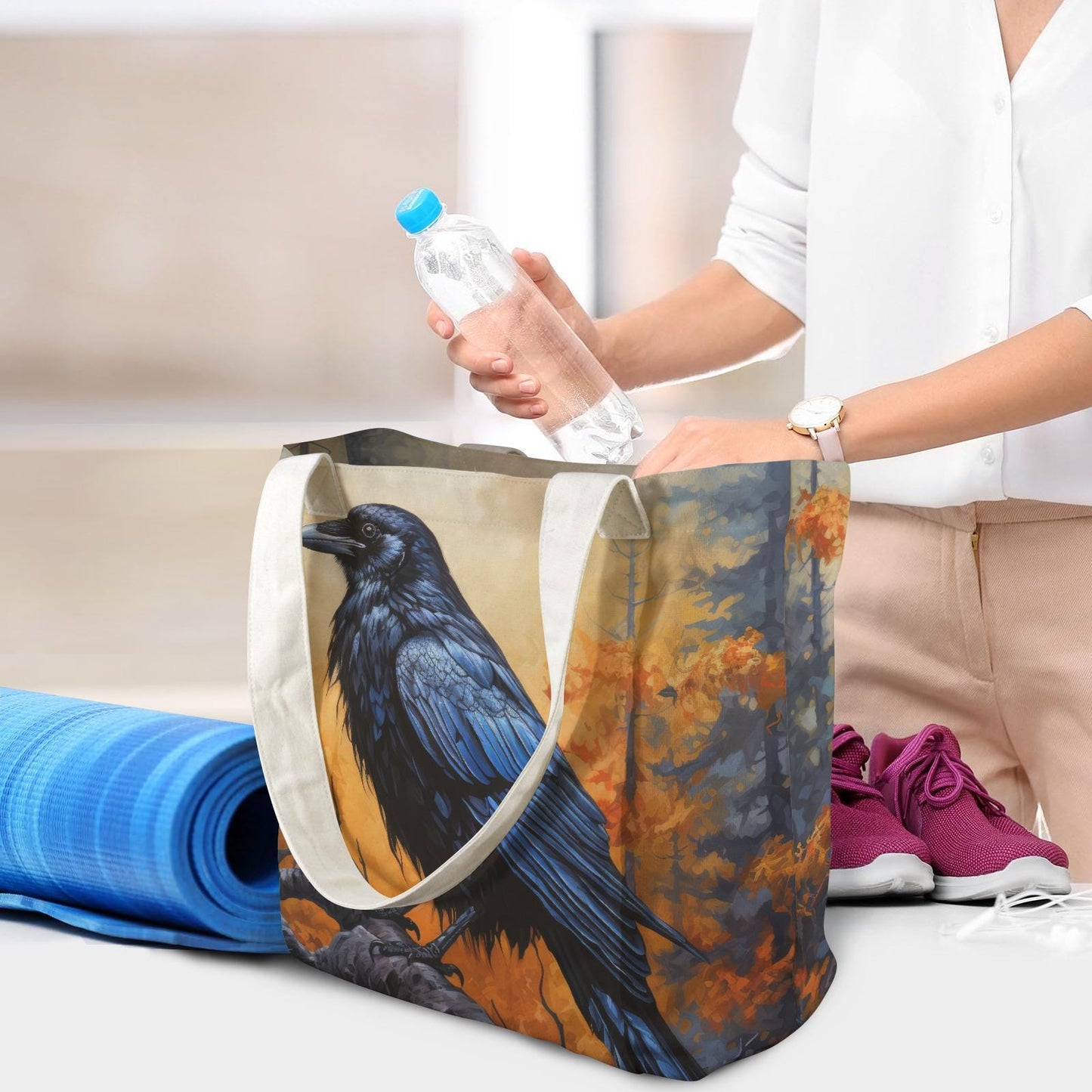 Black Raven Yoga Tote Bag with Mat Holder – Dark Academia Cotton Linen Tote