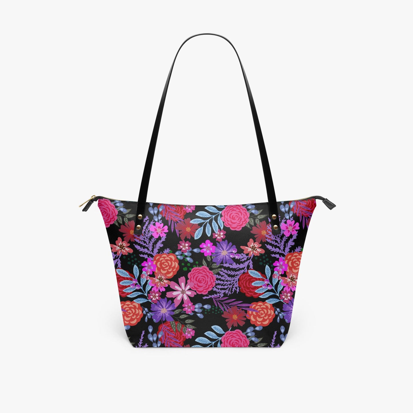 Bold Floral Roomy Tote Bag - Large Shoulder Handbag Black Pink Purple Shopper