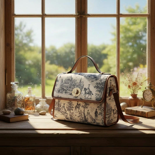 Toile de Jouy Canvas Crossbody Bag – Vintage Eggshell Black Handbag Waterproof
