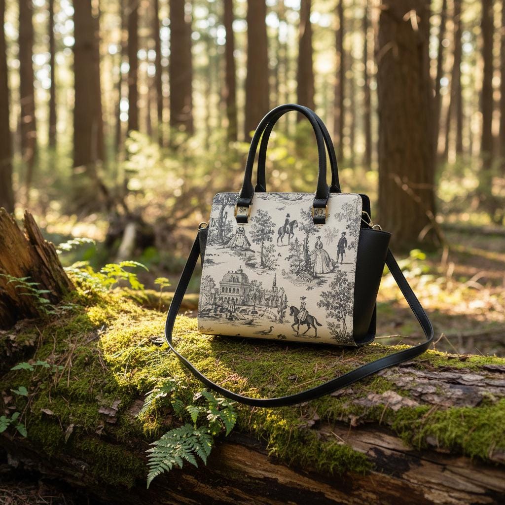 Toile de Jouy Black White Shoulder Handbag – French Vintage Style Purse
