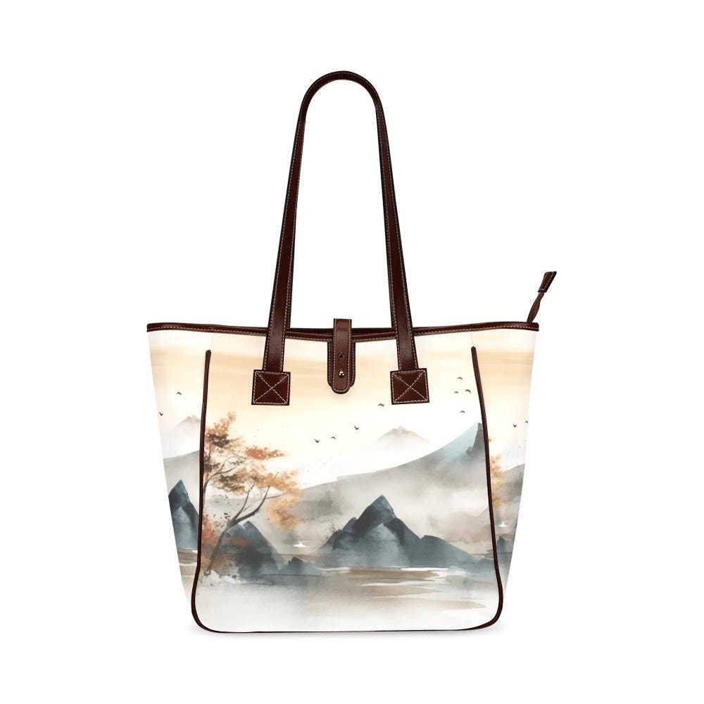 Japanese Watercolor Mountains Tote Bag – Large Asian Art Style Handbag