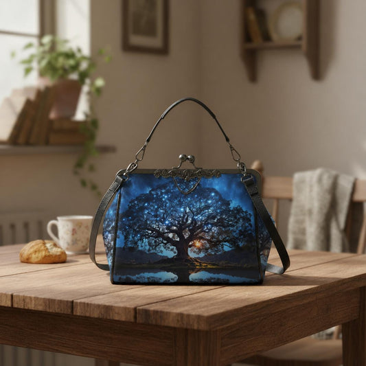 Bold Tree at Night Kisslock Crossbody Shoulder Bag - Blue Black Dark Academia Handbag