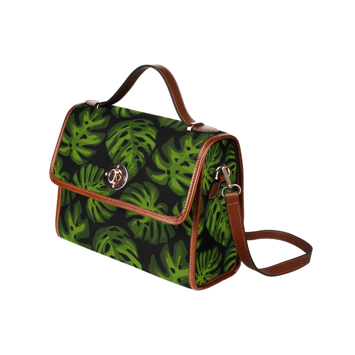 Retro Monstera Botanical Canvas Crossbody Bag – Black Green Vintage Style