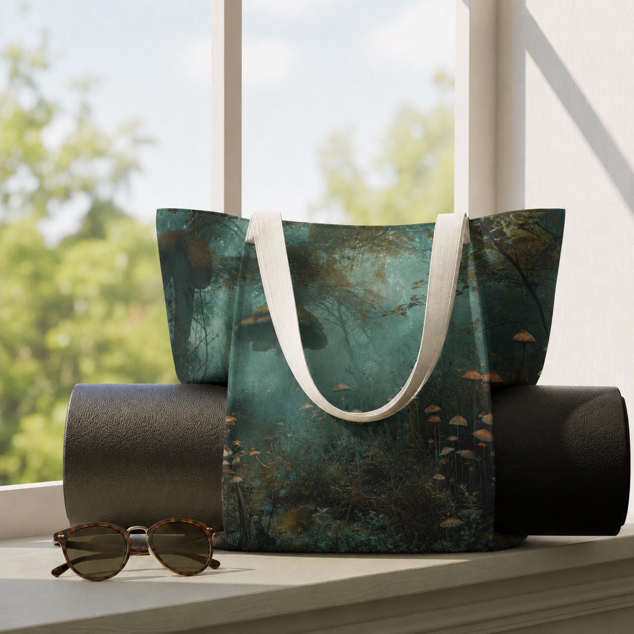 Enchanted Mushroom Forest Yoga Tote Bag with Mat Holder – Dark Academia Botanical Tote