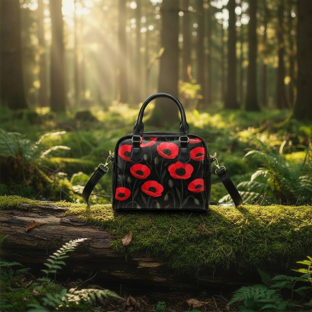Red Black Poppy Field Shoulder Handbag – Bold Floral Crossbody Bag with Handles