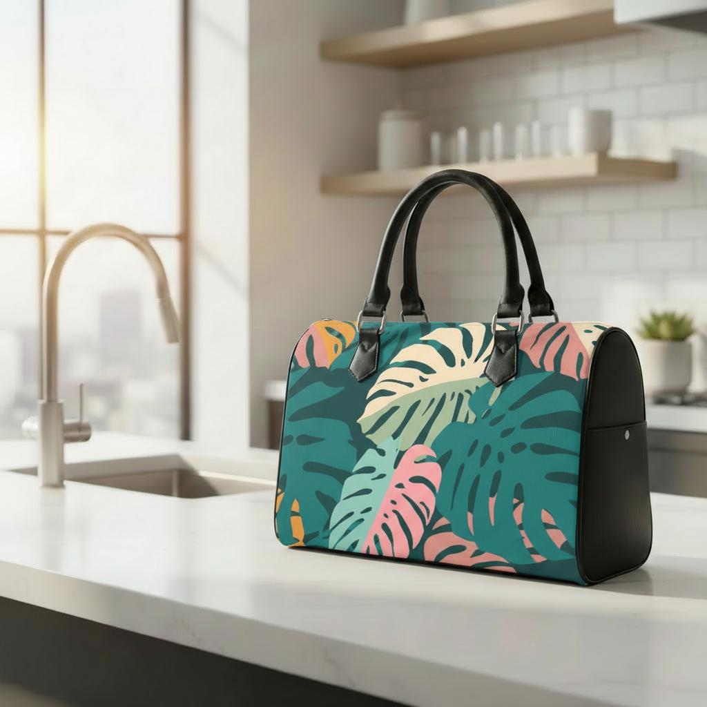 Retro Monstera Print Barrel Handbag – Black Green Pink Everyday Purse