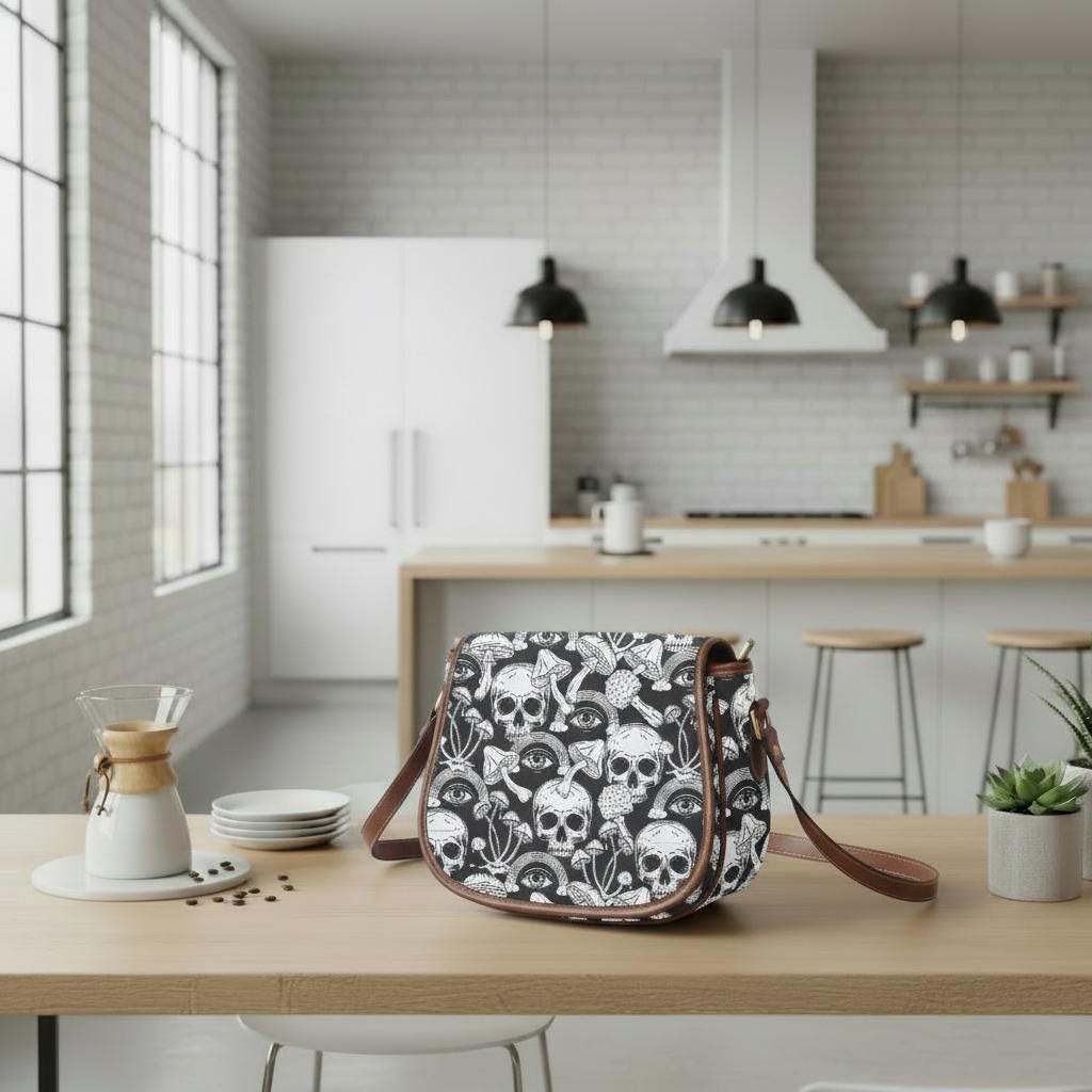 Extravagante schwarz-weiße Totenköpfe Umhängetasche – Große Gothic Alternative Schulterhandtasche