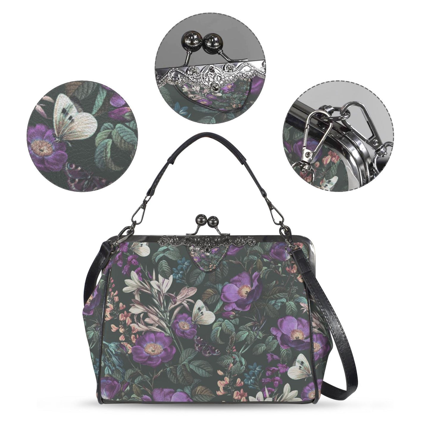 Dark Flowers Butterflies Kisslock Crossbody Handbag - Vintage Academia Floral Bag
