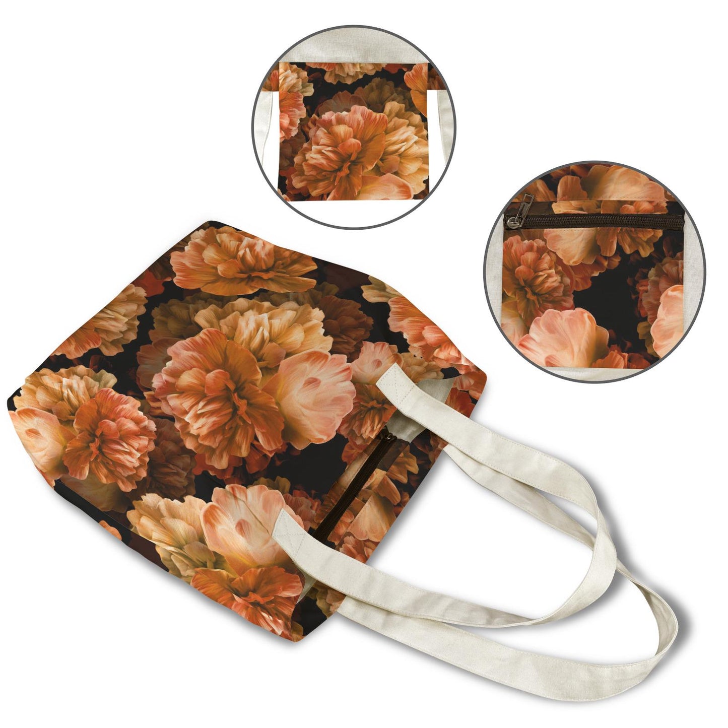 Orange Peonies Yoga Tote Bag with Mat Holder – Large Floral Cotton Linen Tote
