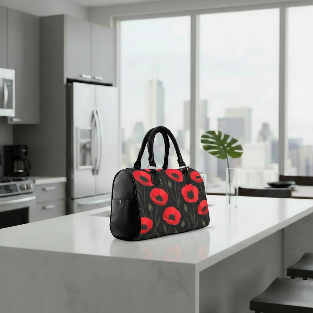 Black Red Poppies Barrel Handbag – Gothic Alternative Everyday Purse