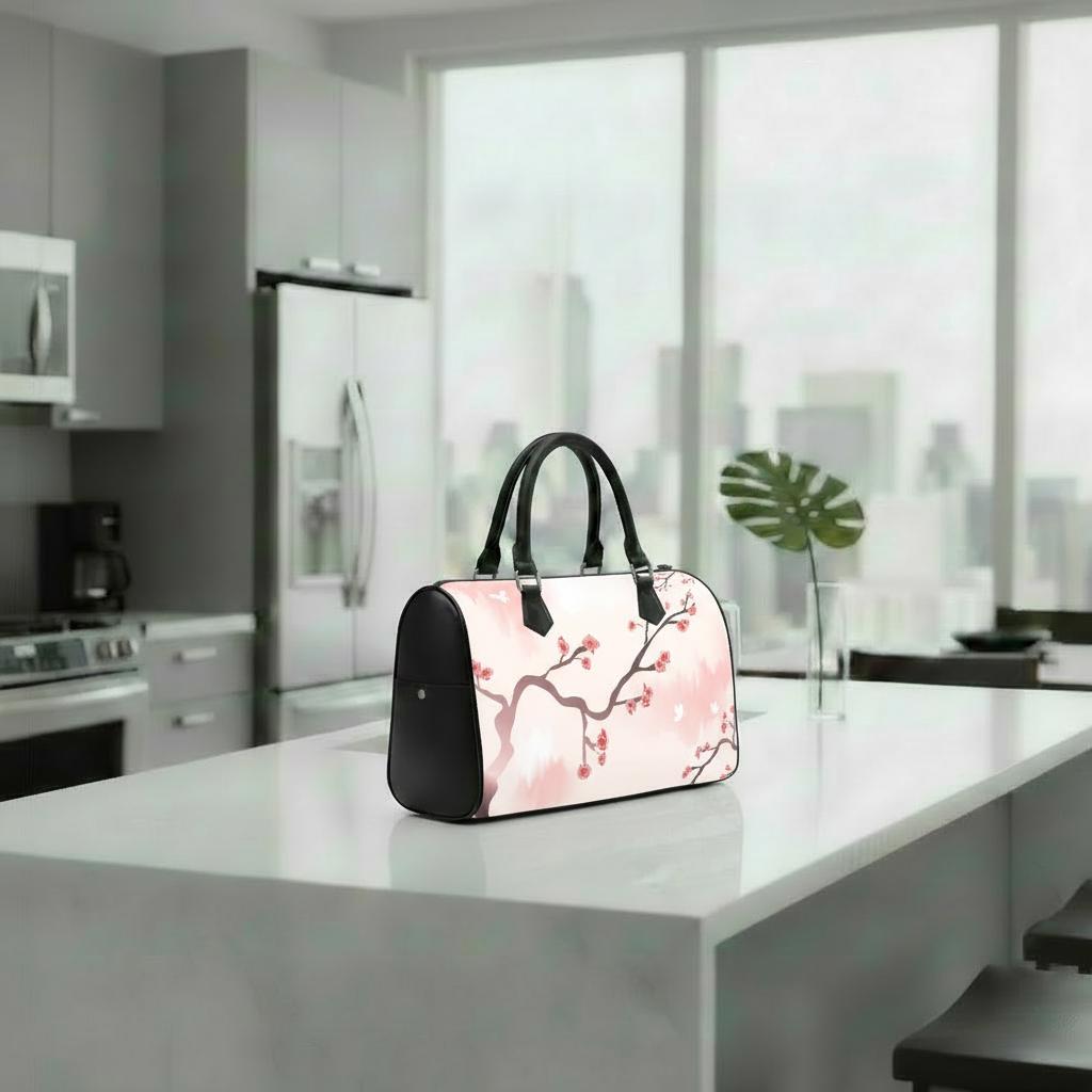 Sakura Branch Japandi Barrel Handbag – Black White Pink Asian Zen Art Purse