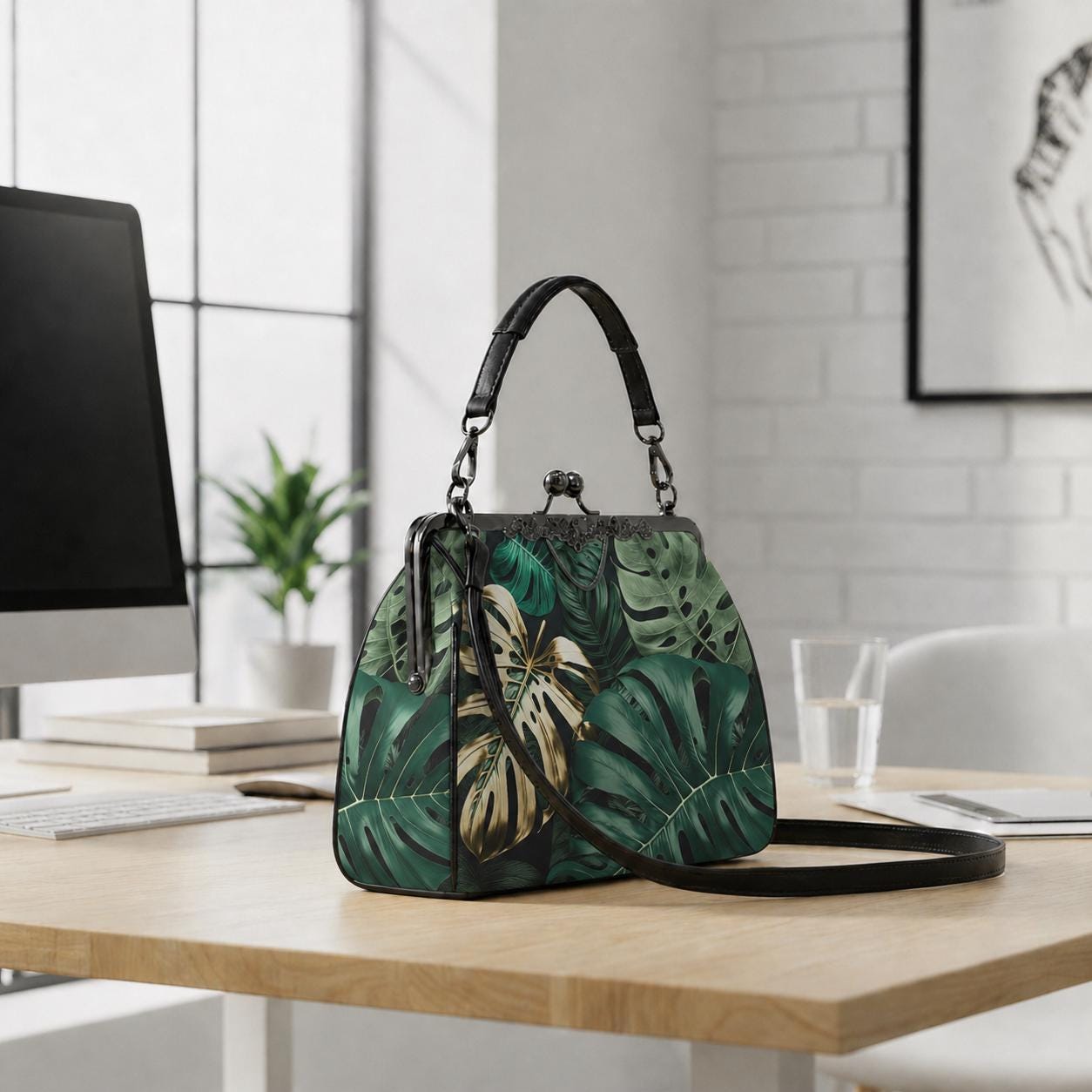 Retro Green Gold Monstera Leaf Handbag - Botanical Kisslock Crossbody Shoulder Bag