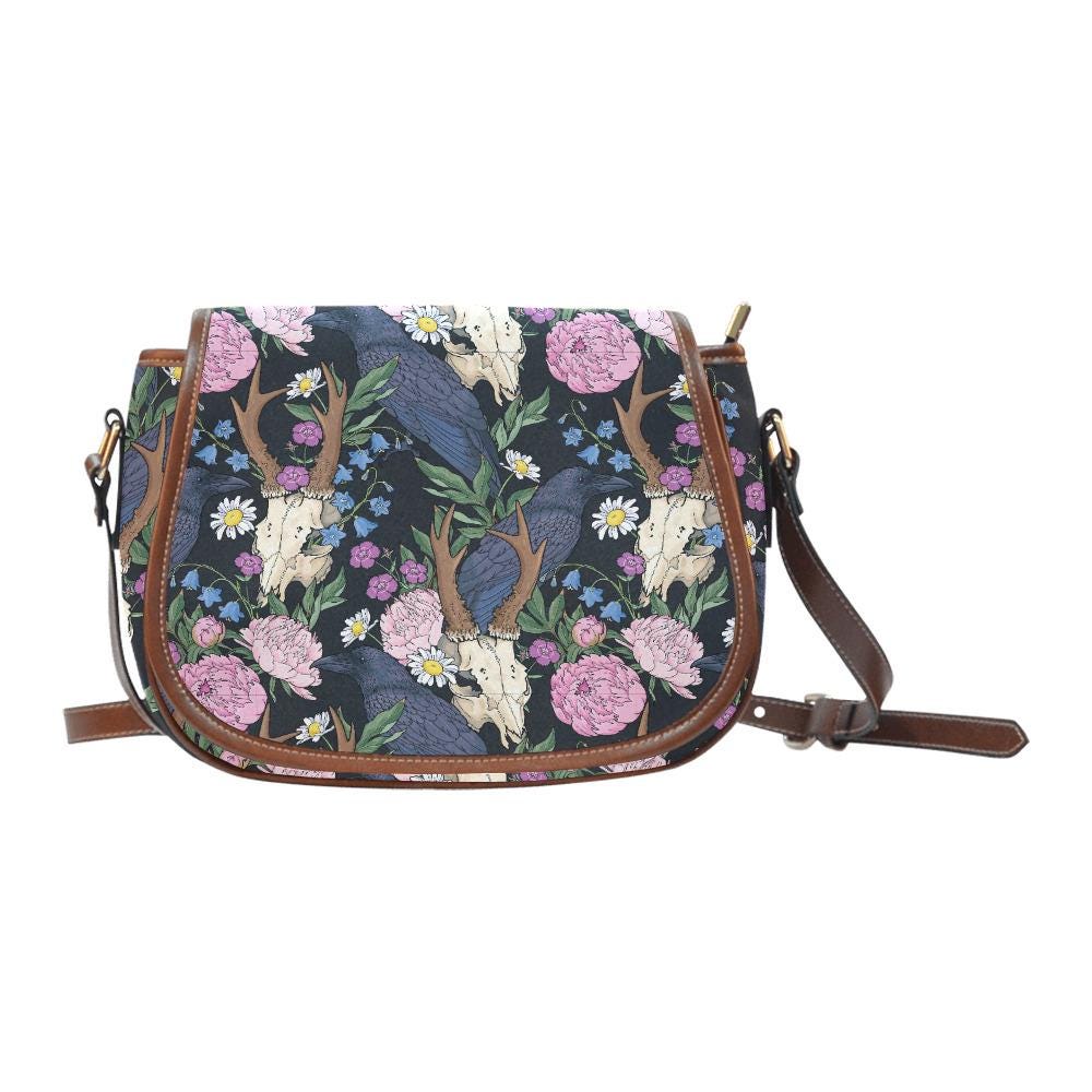 Dark Academia Black Raven Saddle Bag – Large Crossbody Oxford Fabric Vegan Handbag
