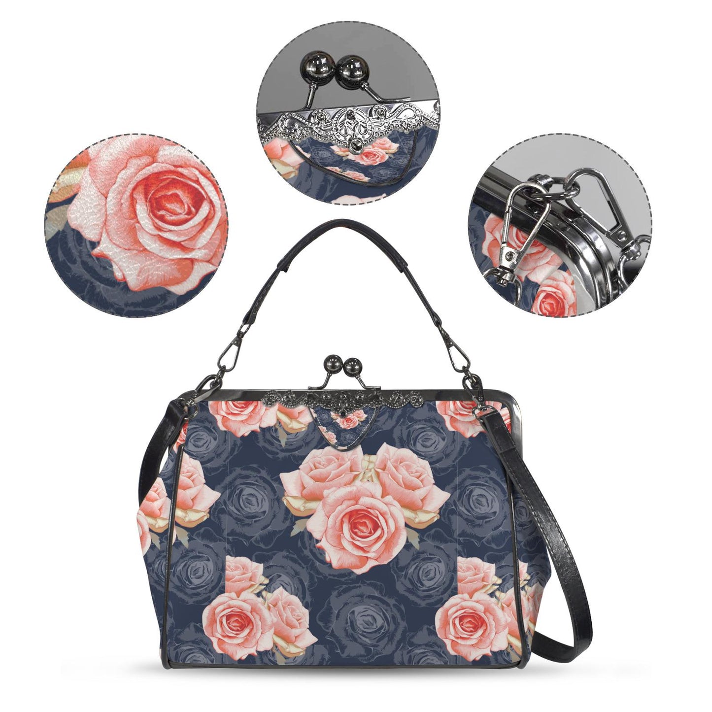 Dark Academia Roses Vintage Kisslock Bag - Floral Victorian Feminine Crossbody