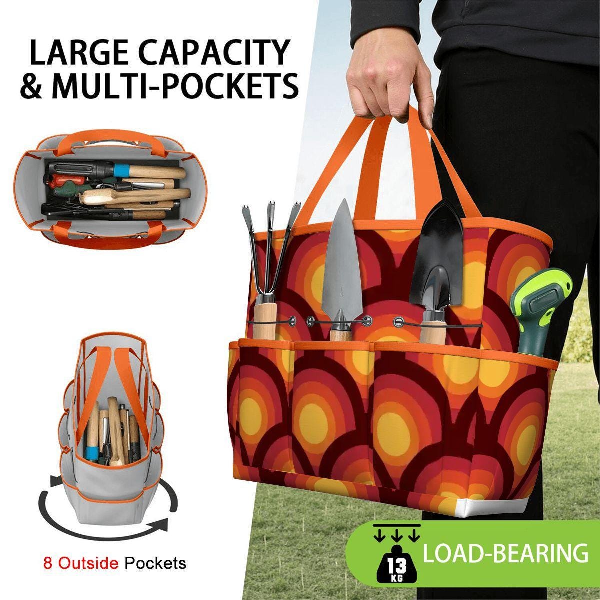 Retro 70s Gardening Tool Organizer Bag – Orange Flower Power Tote