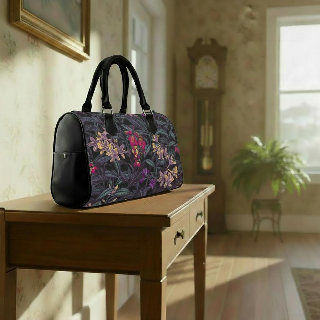 Dark Academia Night Flowers Barrel Handbag – Grunge Gothic Foral Bag