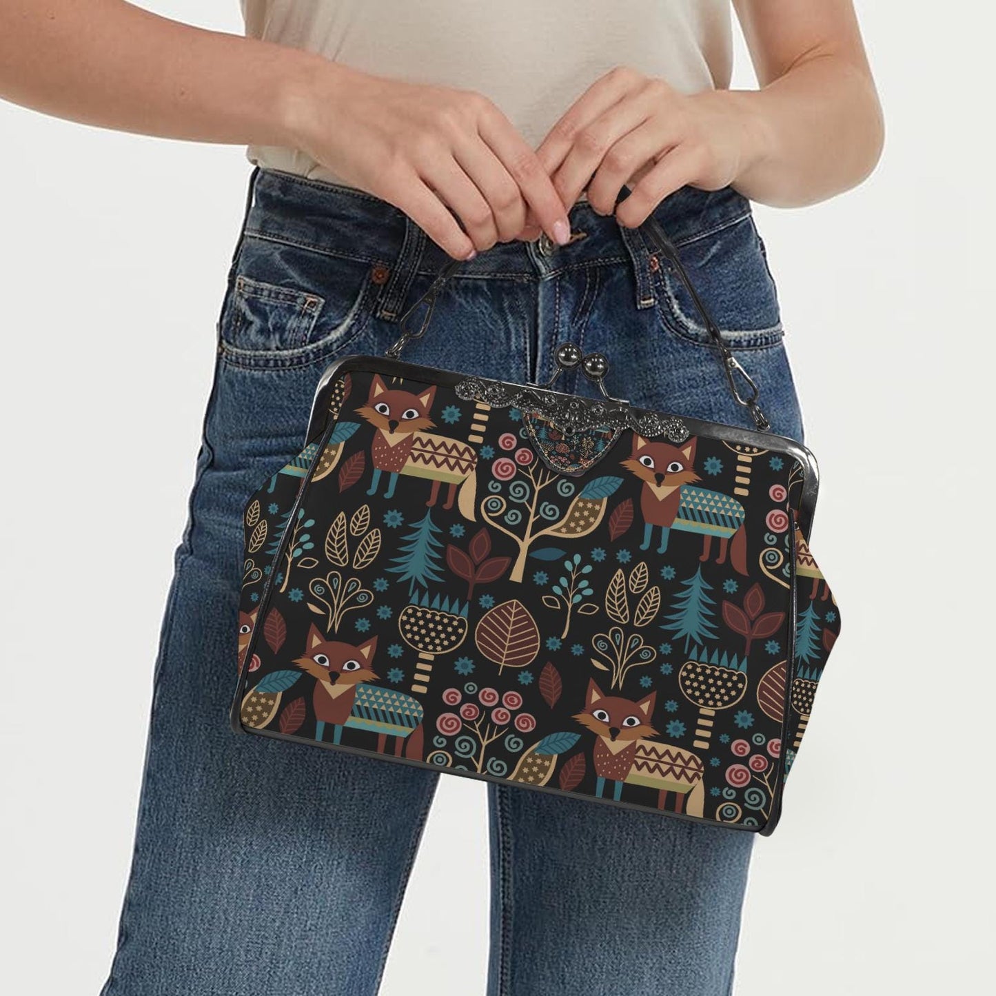 Retro Folkloric Kisslock Crossbody Purse – Nordic Scandi Forest Look