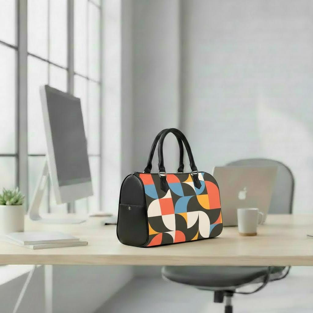 Retro 60s Geometric Print Barrel Handbag – Midcentury Mod Everyday Purse