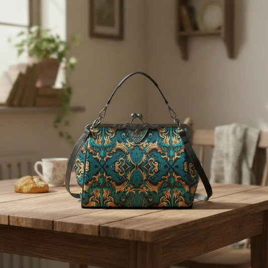 Petrol Gold Vintage Dragon Kisslock Crossbody Handbag