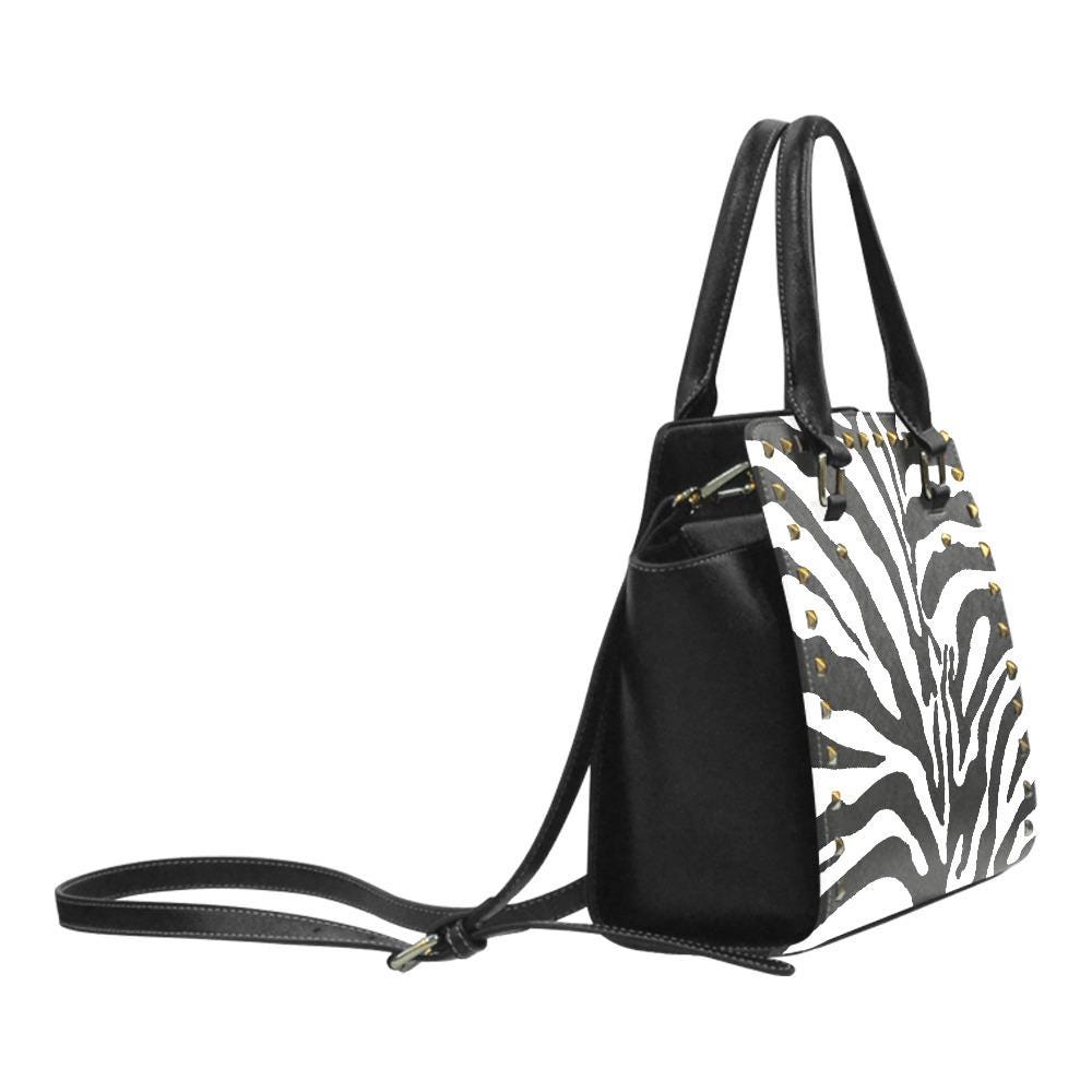 Zebra Print Rivet Shoulder Handbag – Black White Faux Leather Purse