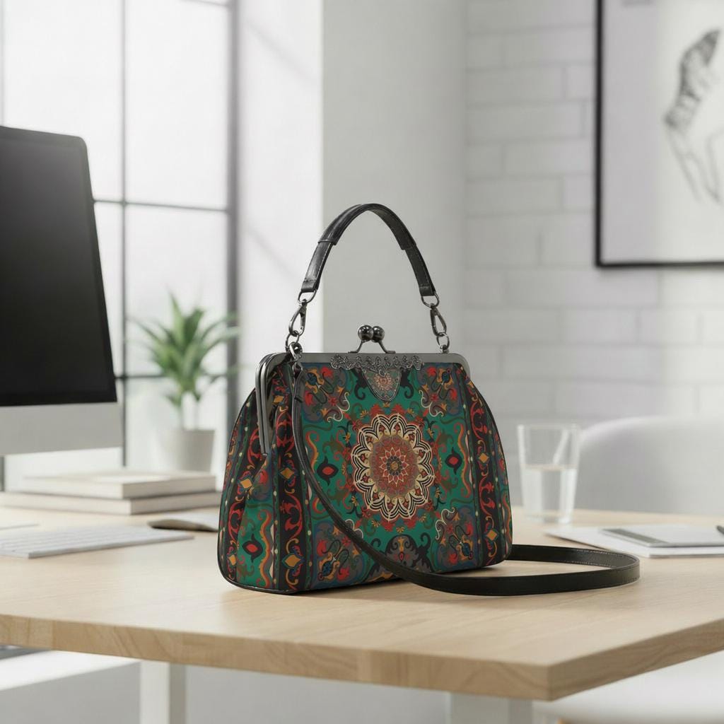 Boho Mandala Kisslock Shoulder Bag – Persian Medallion Crossbody Handbag