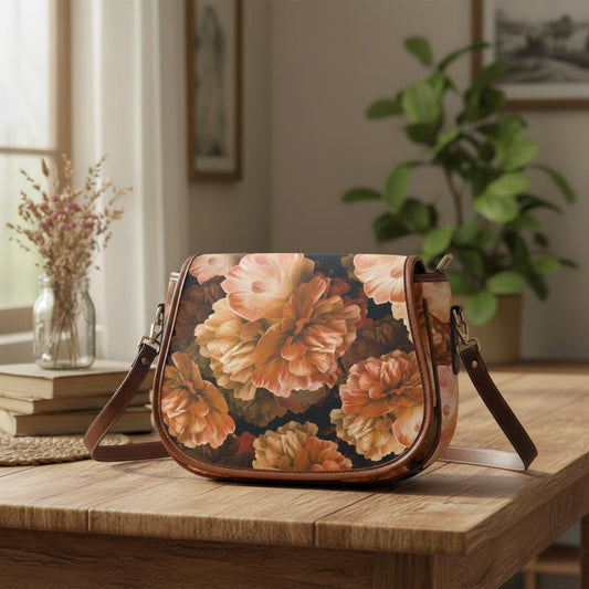 Bold Orange Peonies Saddle Bag - Floral Cottagecore Crossbody Handbag