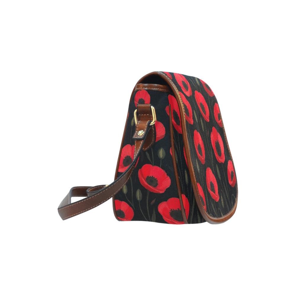 Black Red Poppies Shoulder Saddle Handbag, Romantic Gothic Dark Academia Crossbody