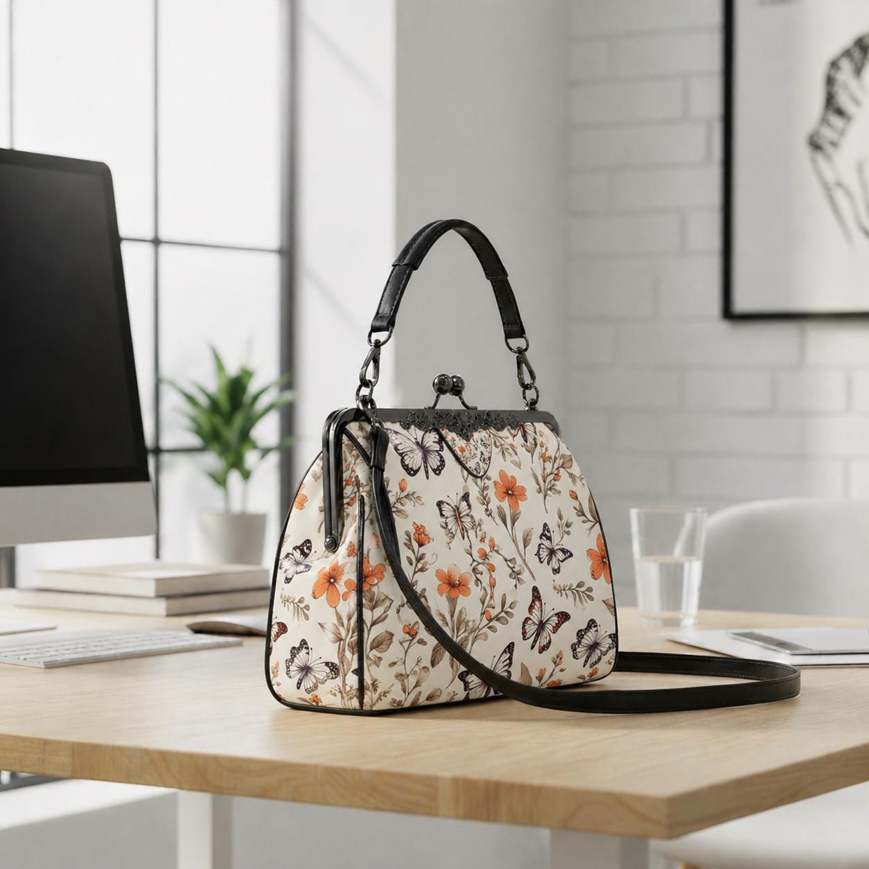 Toile de Jouy Kisslock Crossbody Shoulder Bag - Vintage Millefiori Floral Handbag