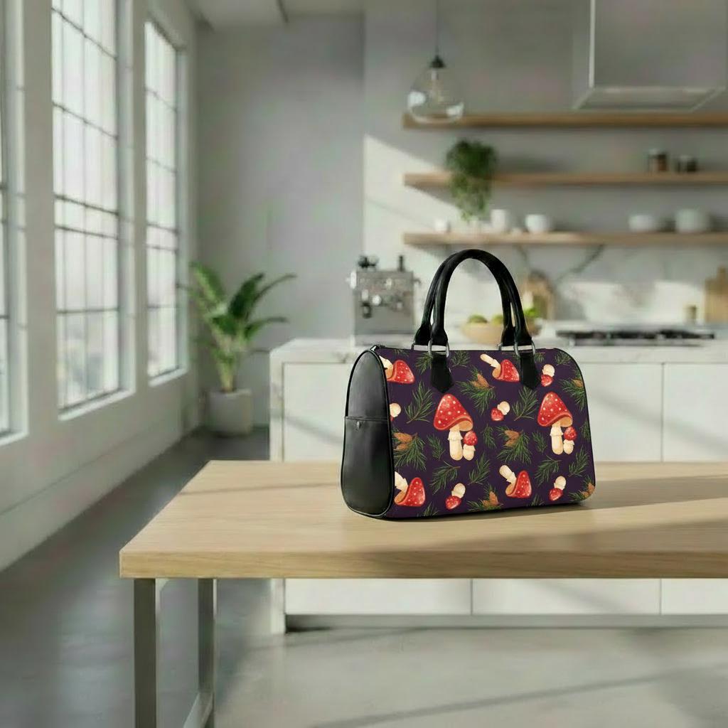 Dark Academia Mushroom Barrel Handbag – Black Red Botanical Forest Bag
