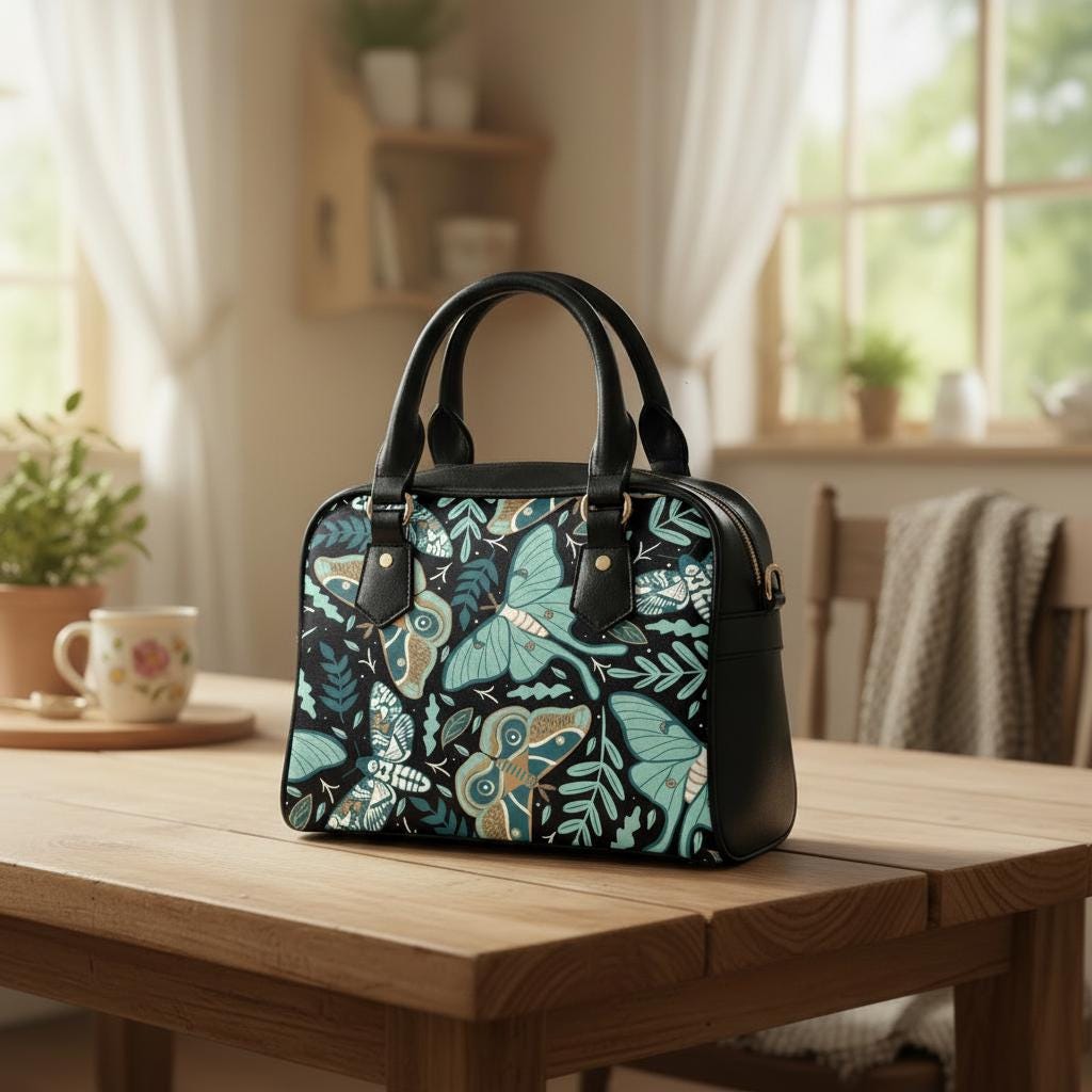 Dark Academia Moths & Moon Shoulder Top Handle Handbag
