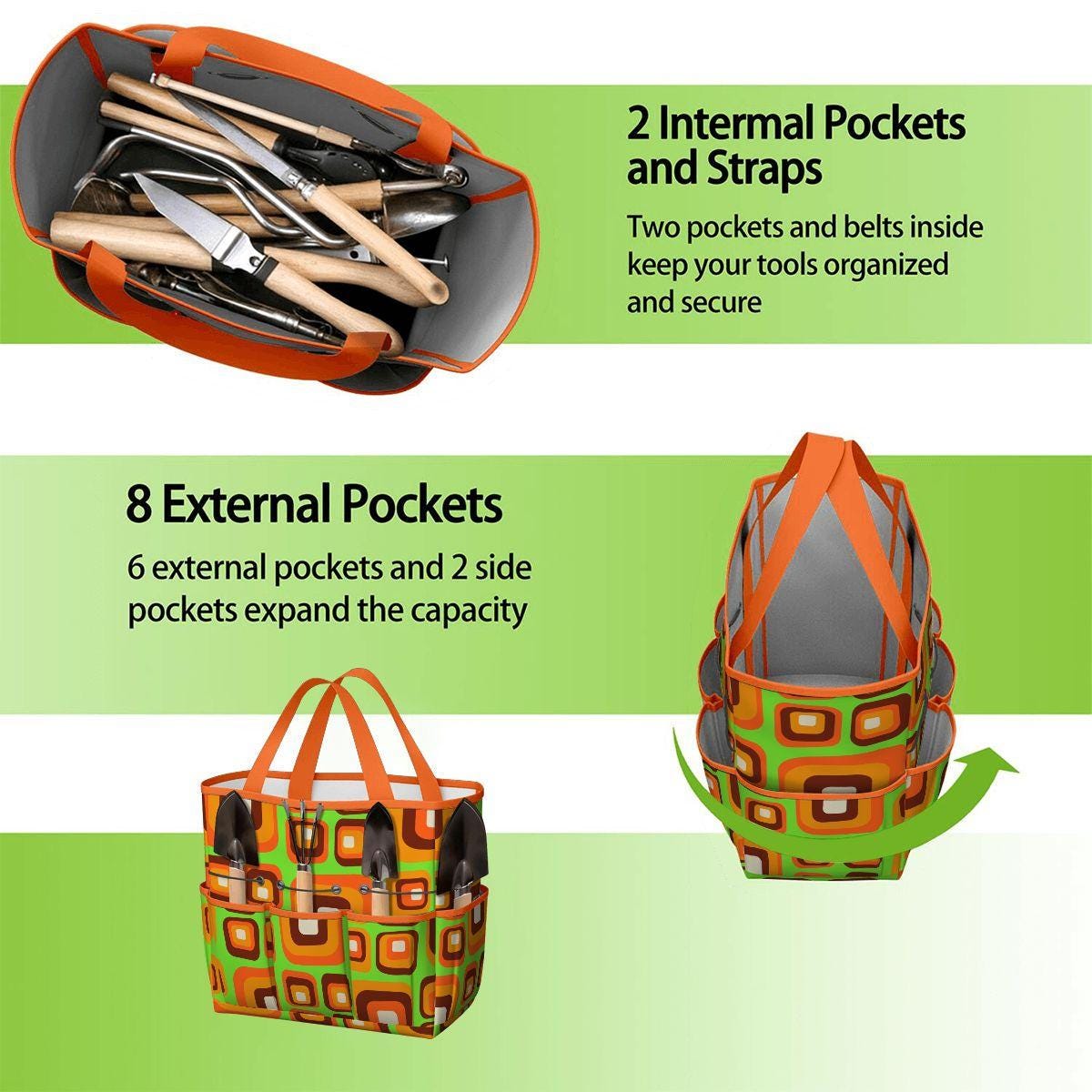 Retro 70s Gardening Tool Organizer Bag – Funky Orange Green Flower Power Tote