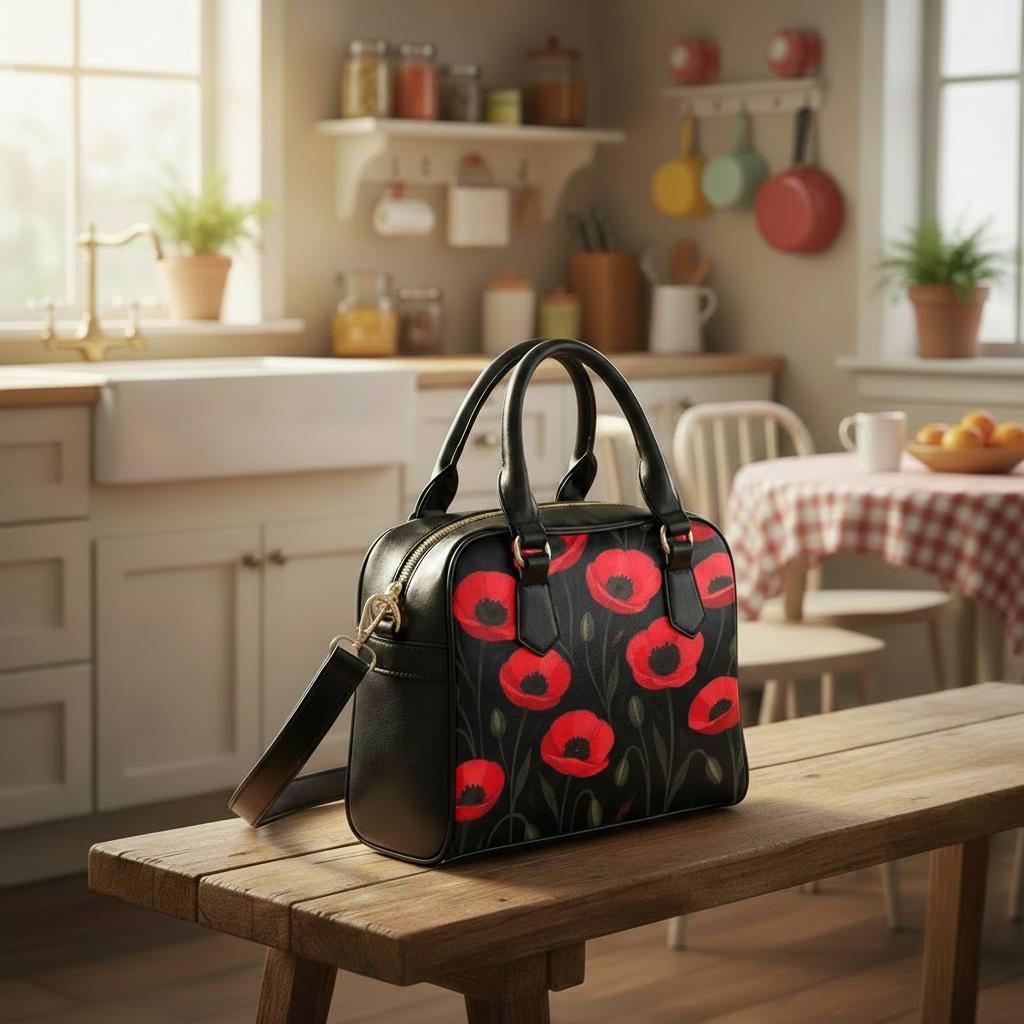 Red Black Poppy Field Shoulder Handbag – Bold Floral Crossbody Bag with Handles