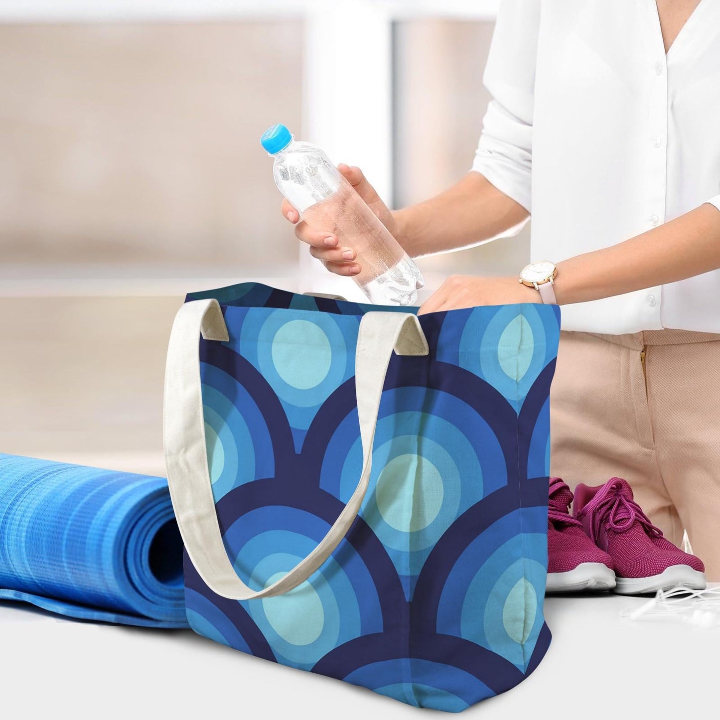 Blue Retro 70s Yoga Mat Tote with Mat Holder – Cotton Linen Gym & Pilates Bag