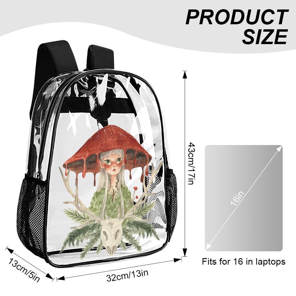 Fairycore Clear PVC Backpack, Mushroom Forest Daypack, Mesh Side Pockets