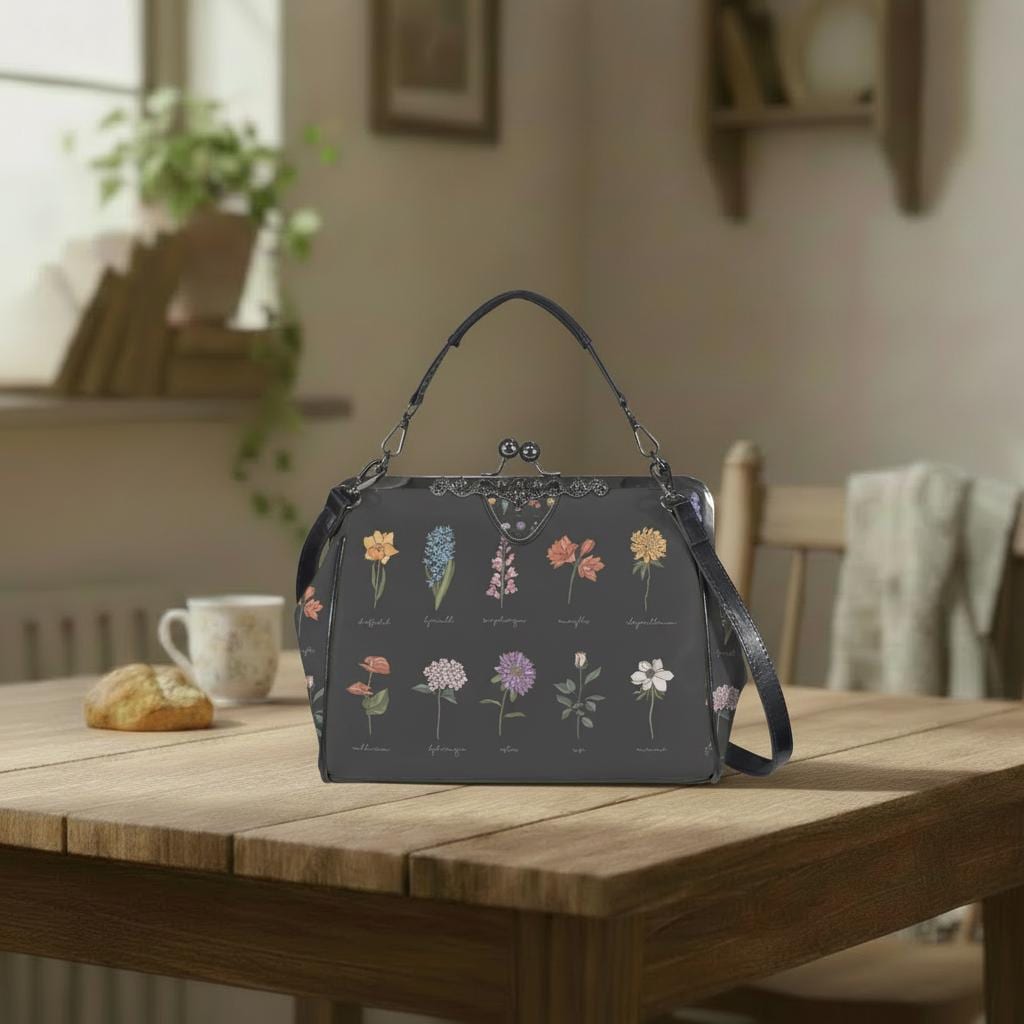 Black Floral Victorian Kisslock Crossbody Handbag - Dark Academia Gothic Bag