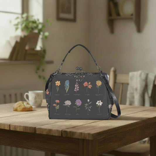 Black Floral Victorian Kisslock Crossbody Handbag - Dark Academia Gothic Bag