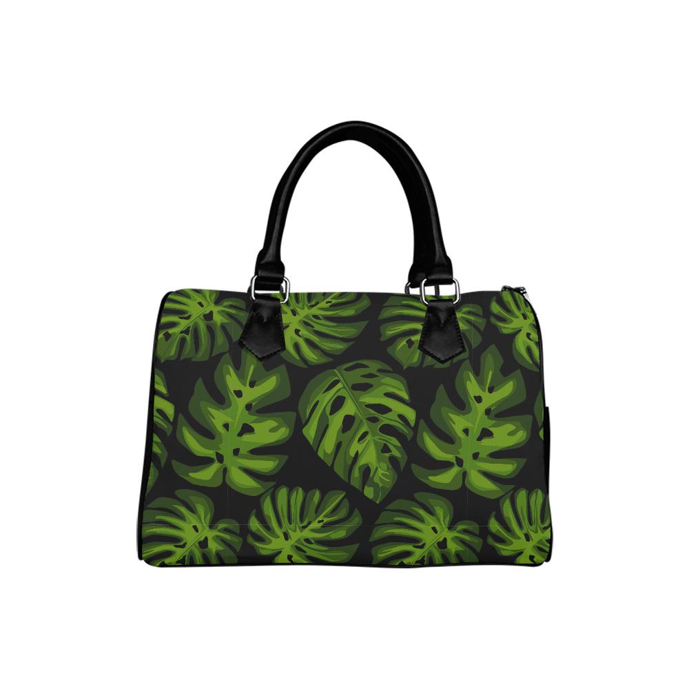 Retro 60s Monstera Print Barrel Handbag – Black Green Botanical Bag