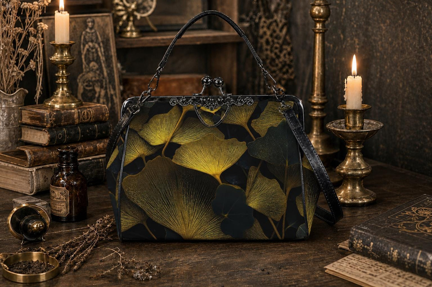 Black Gold Ginkgo Leaves Kisslock Handbag - Botanical Crossbody Shoulder Bag